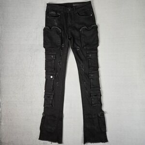 Rockstar Original Mens 30x35 Cargo Black Slim Fit Distressed RSM 205 Flare‎